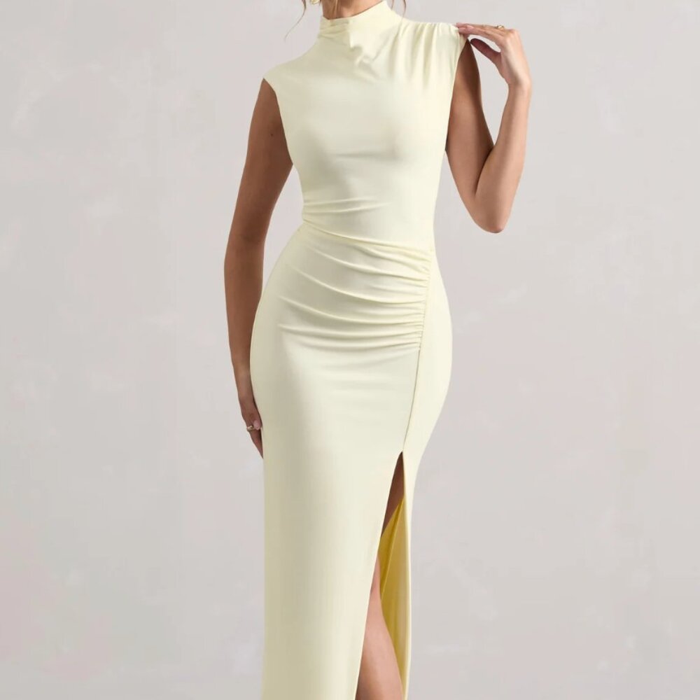 Club L. London Lanetta Cream Ruched High-Neck Maxi Dress With Split